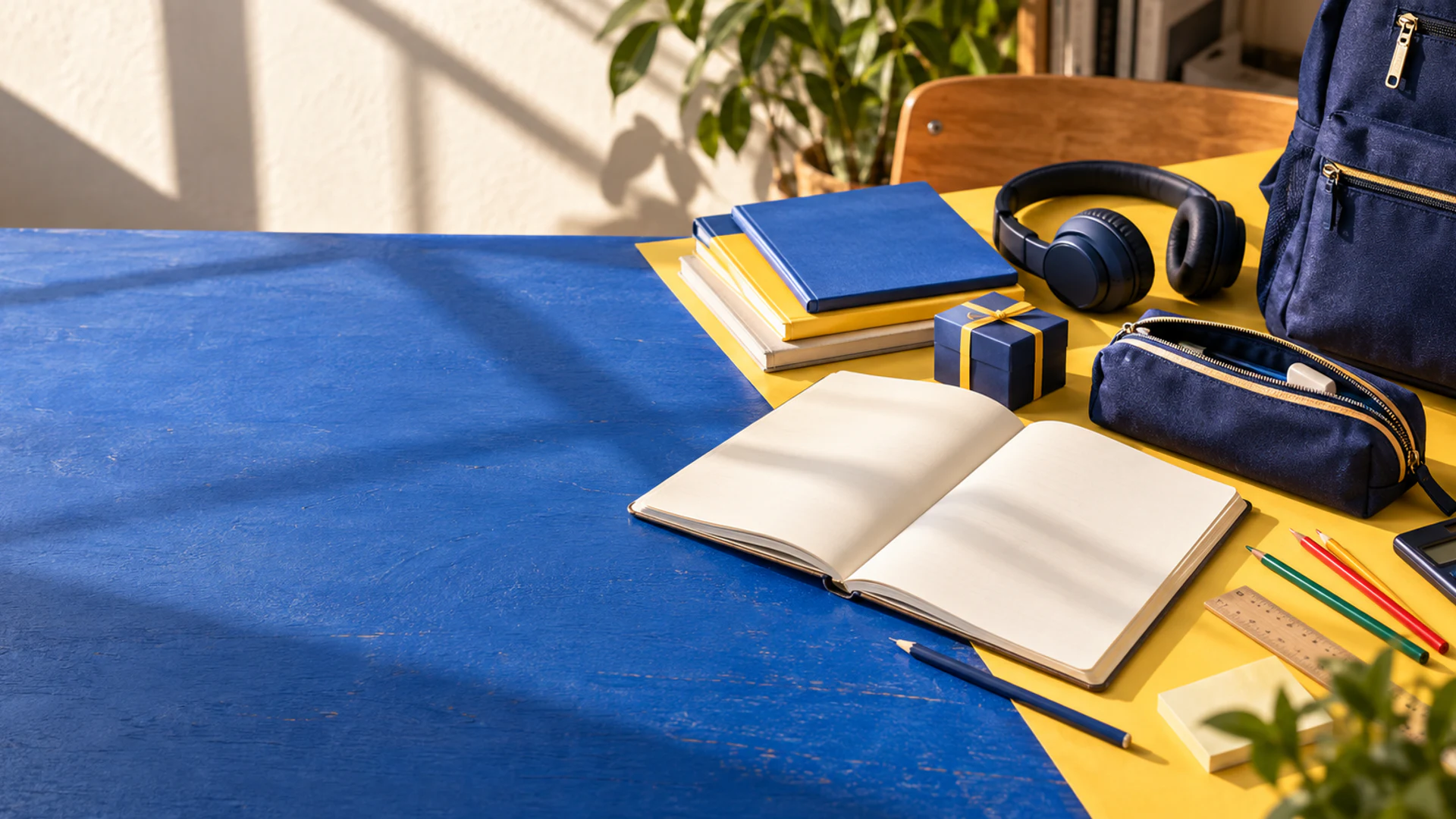 Sélection LE RAYO avec livres, sac, casque et fournitures scolaires sur un bureau ensoleillé