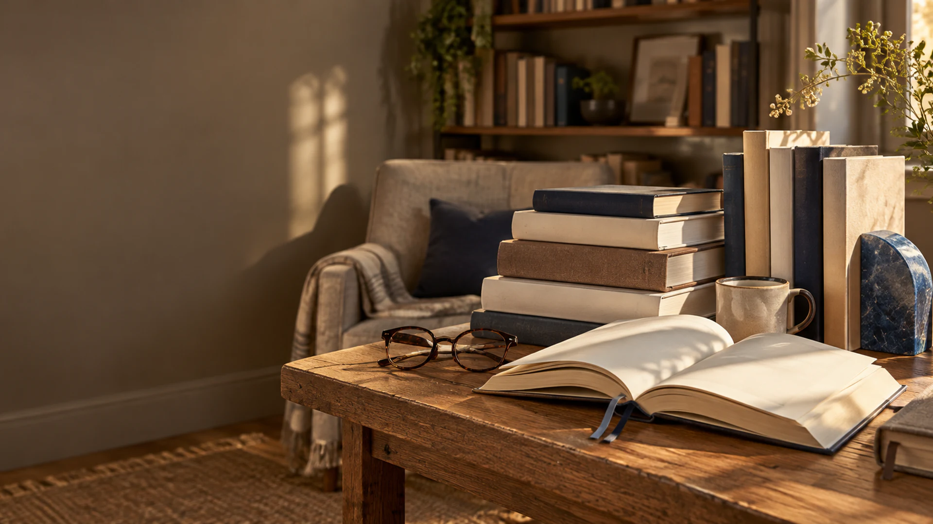 Livres ouverts et reliés dans un coin lecture chaleureux